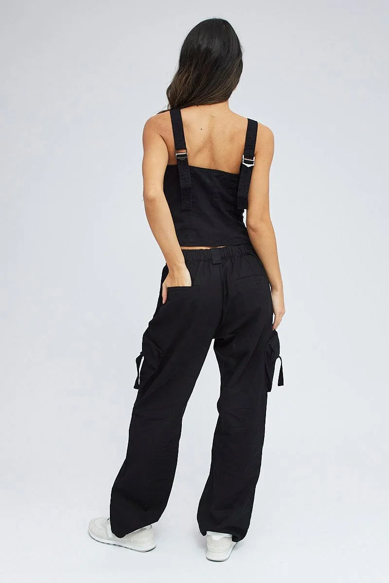 Black Cargo Pants Low Rise Stretchable Comfort CompressionSupport