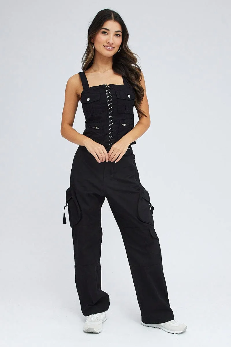 Comfy Waistband Black Cargo Pants Low Rise