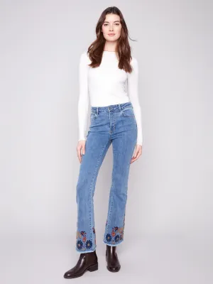 Flare Leg Jeans With Colorful Floral Embroidery - Medium Blue Travel Outfit Moisture Wicking Inner Layer