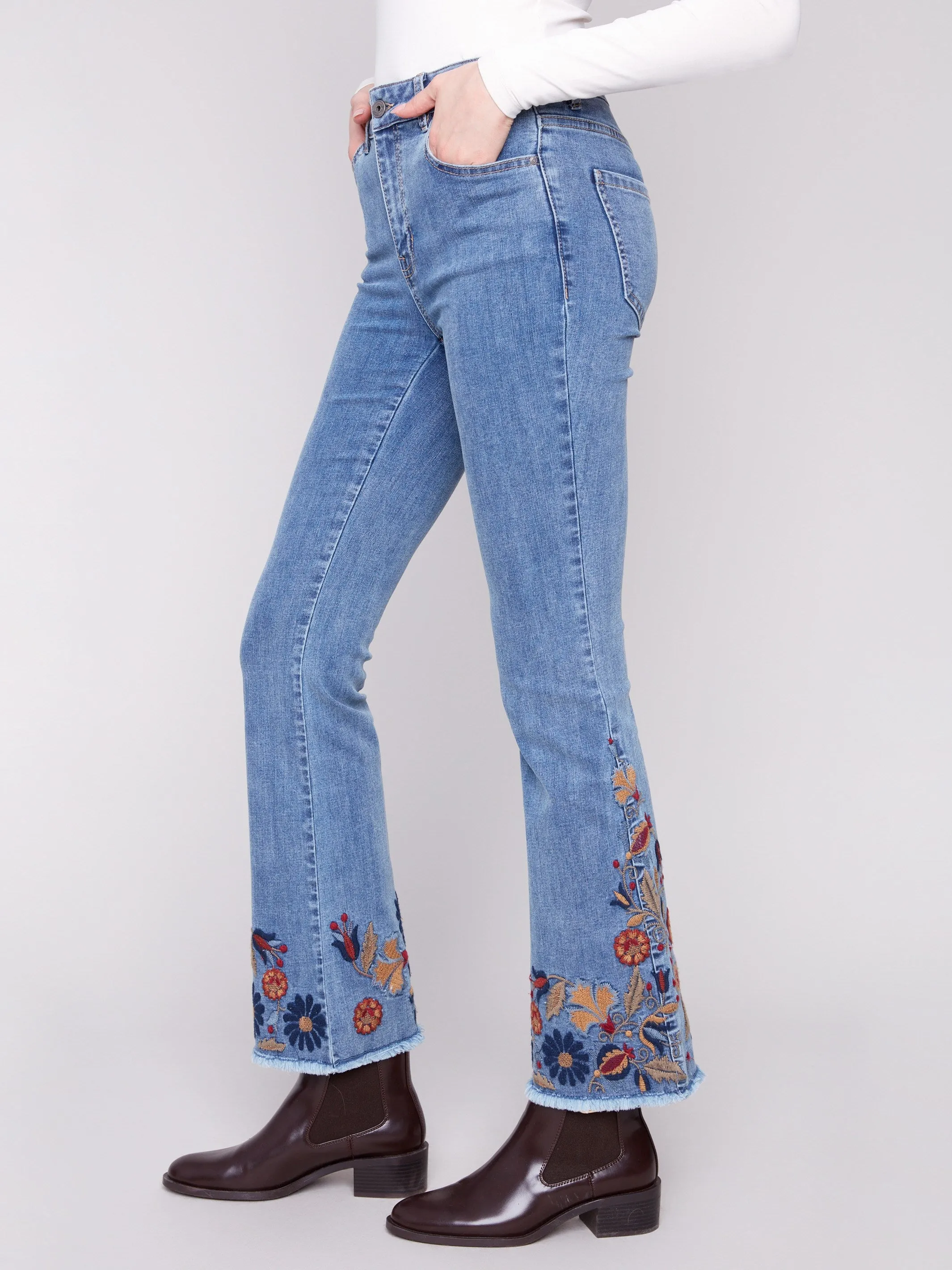 Weekend Wear City Walk Casual Friday Flare Leg Jeans With Colorful Floral Embroidery - Medium Blue
