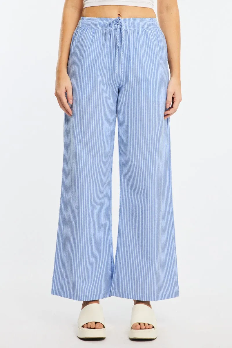 Blue Stripe Wide Leg Pants Elasticated Waist DoubleLayeredKnees Feminine Fit