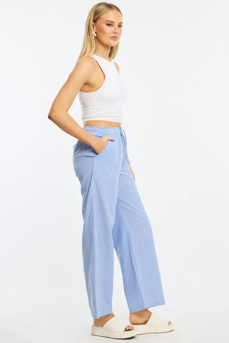 Blue Stripe Wide Leg Pants Elasticated Waist FadeResistant Non Irritating