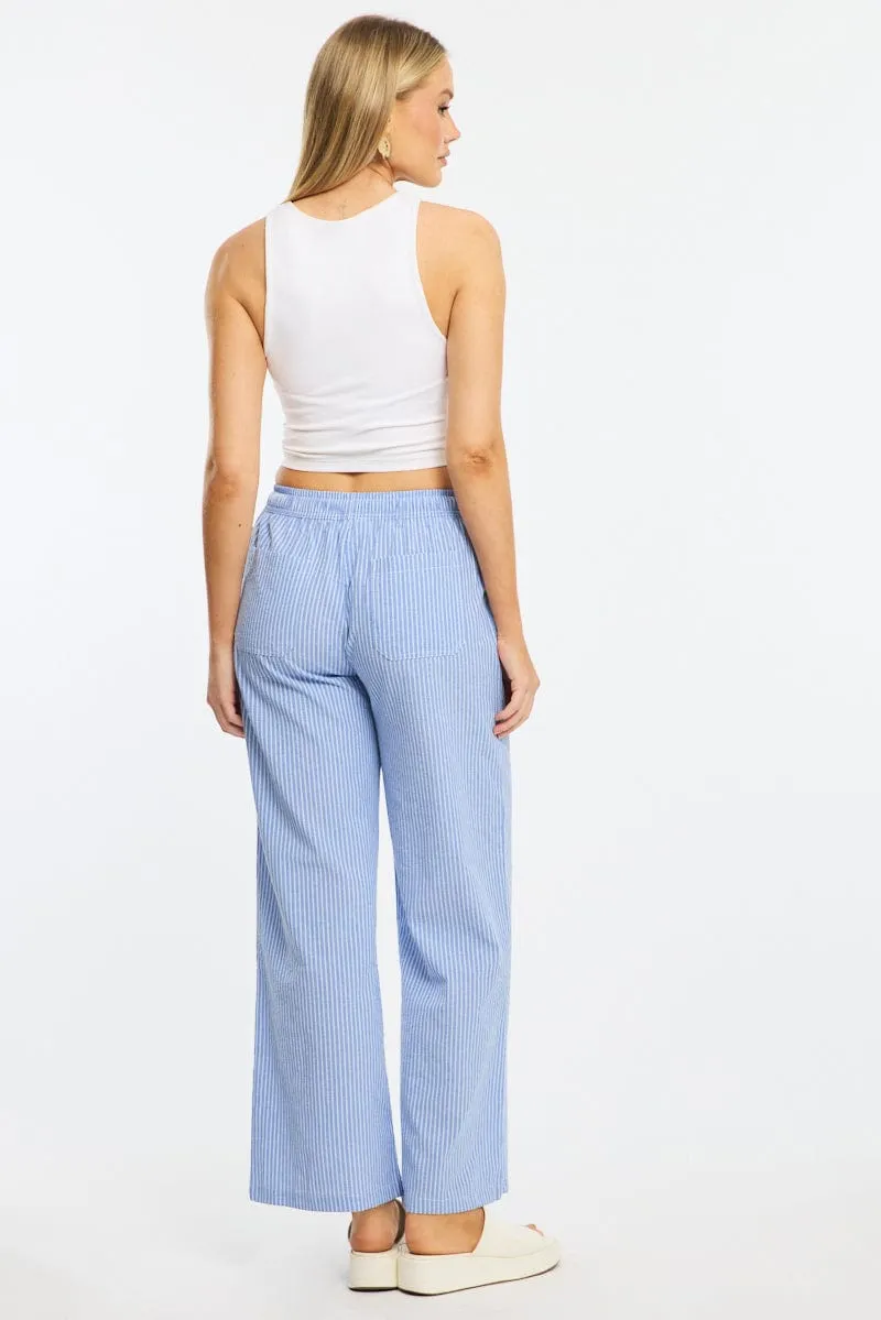 Low Profile Design Outdoor Wear Blue Stripe Wide Leg Pants Elasticated Waist
