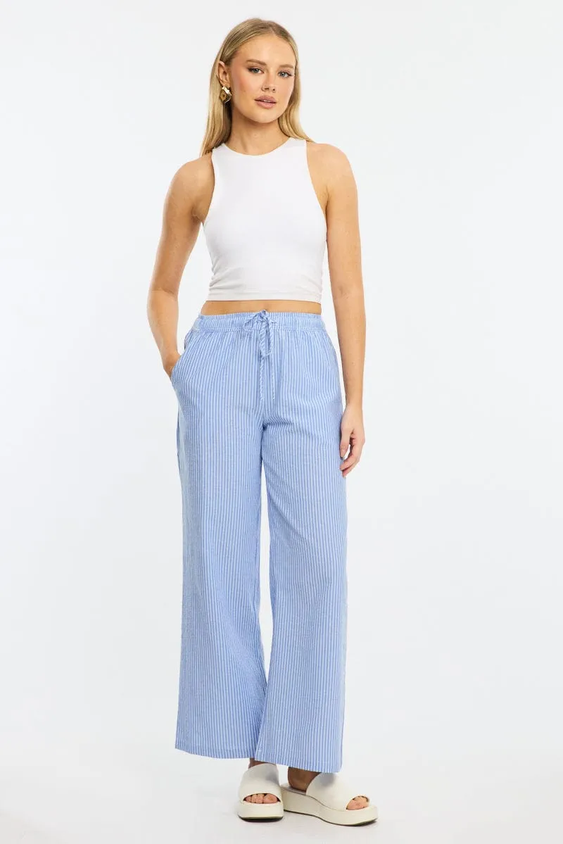 Blue Stripe Wide Leg Pants Elasticated Waist Modular Attachment Minimal Vibe
