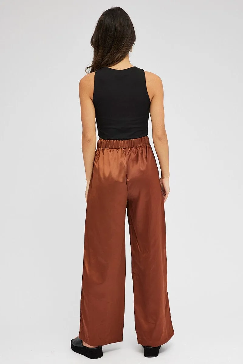Brown Wide Leg Pants High Rise Satin pilling resistant Anti Cling Finish
