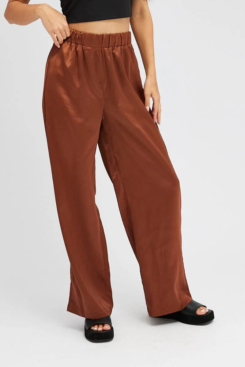 Perfect Layer Brown Wide Leg Pants High Rise Satin