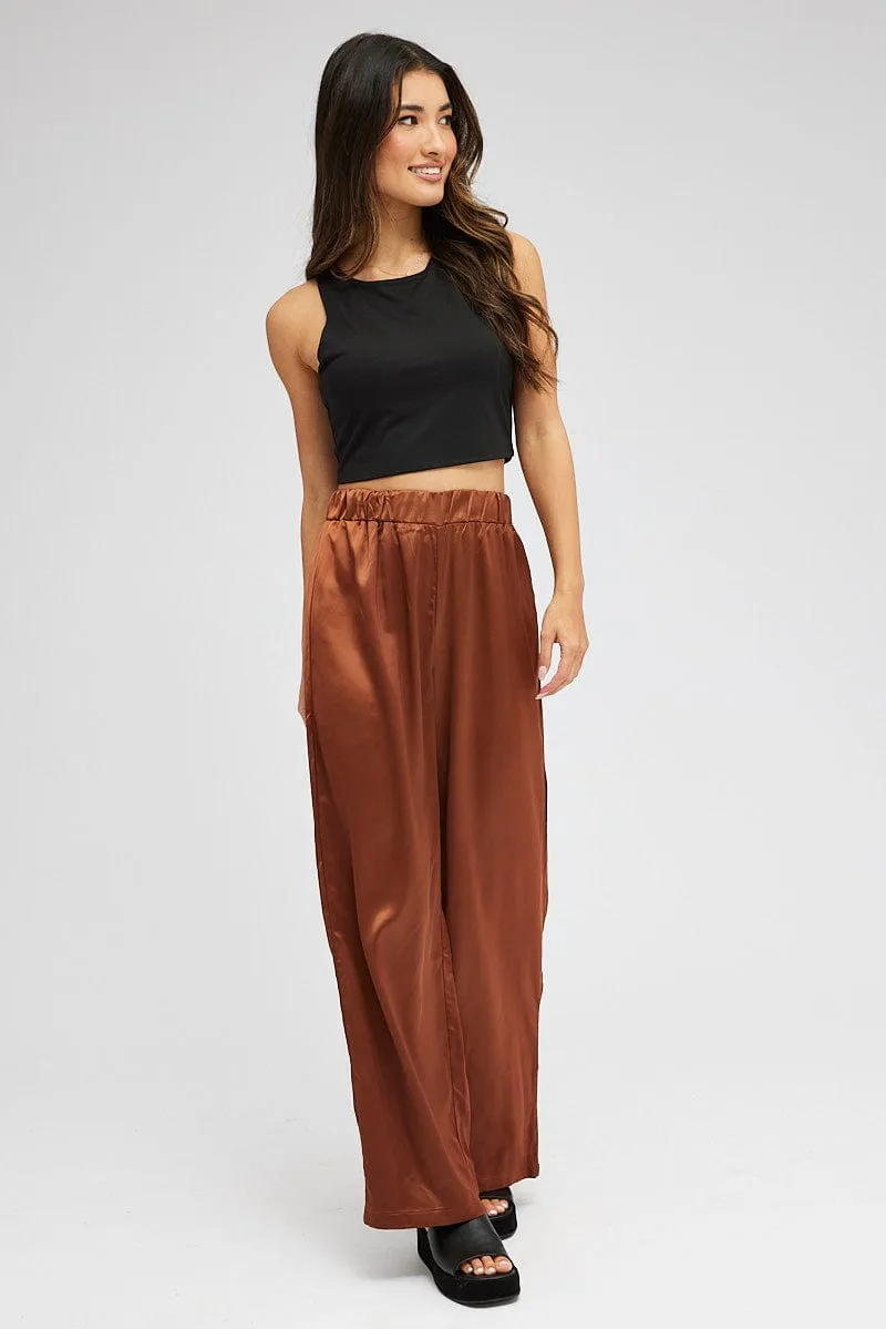 StaticResistantMaterial MoistureControlLiner Brown Wide Leg Pants High Rise Satin