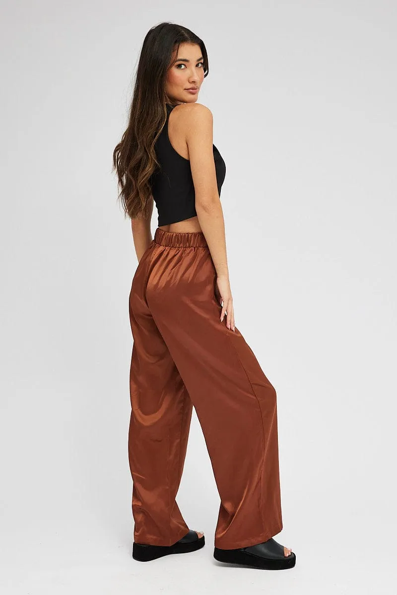 Brown Wide Leg Pants High Rise Satin Odor Control Fabric