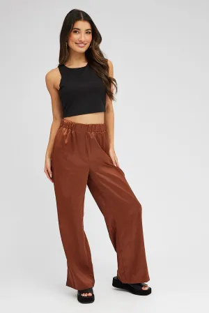 Non slip grip Anti Static Lining Brown Wide Leg Pants High Rise Satin