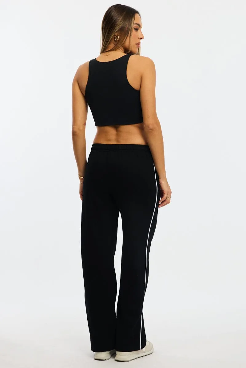 AntiPilling Black Track Pants Wide Leg Side Stripe