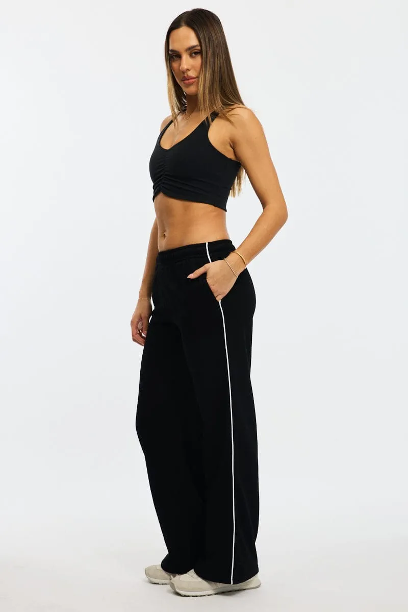Relaxed Design Wear Black Track Pants Wide Leg Side Stripe