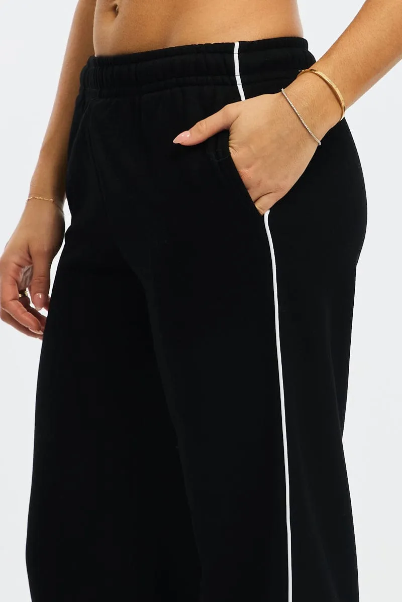 Versatile Comfort Non Slip Waist Grip Black Track Pants Wide Leg Side Stripe