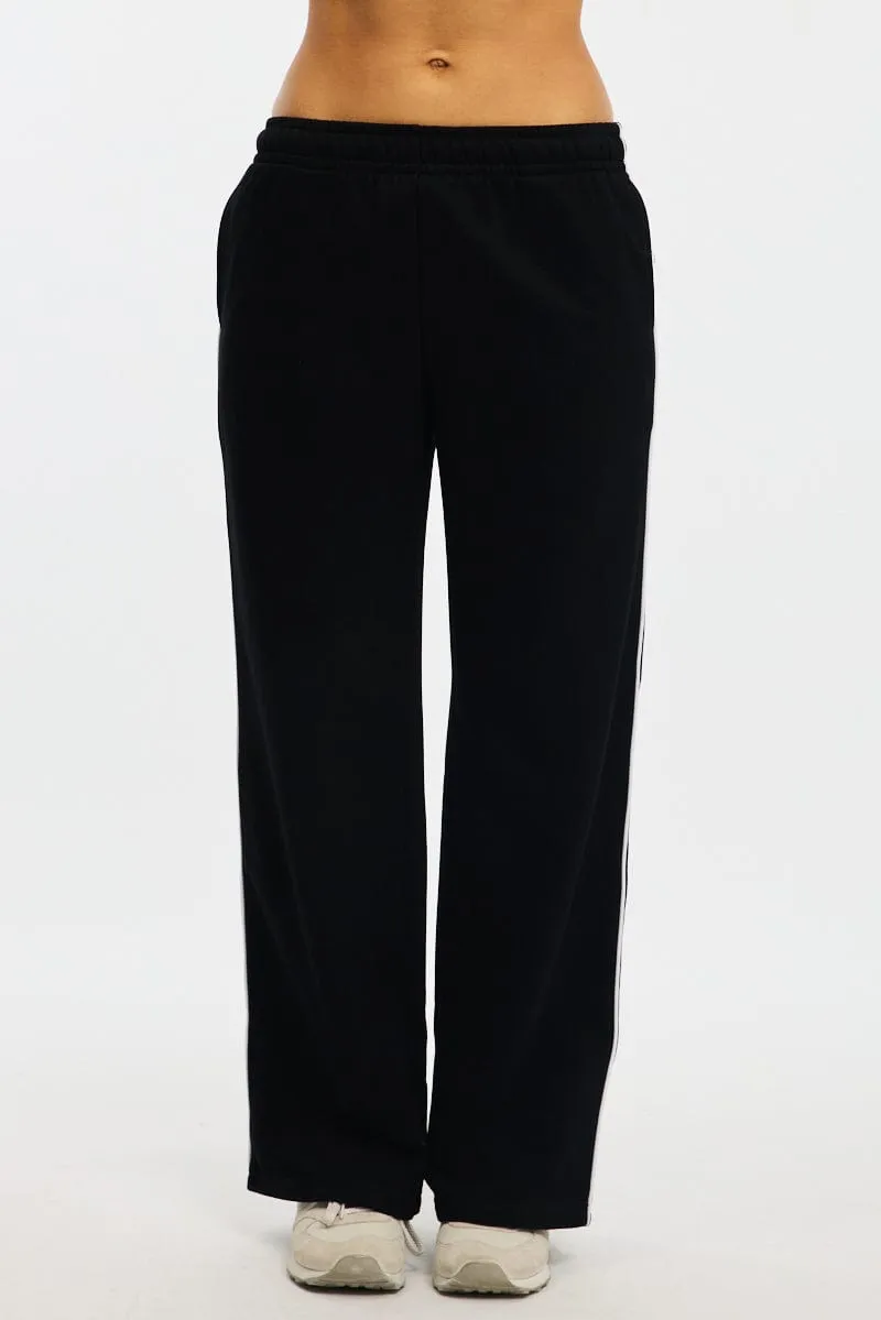 Smooth zipper closure FlexibleStretchWeave Black Track Pants Wide Leg Side Stripe