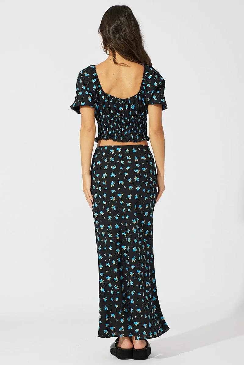 Mid Length Mid Rise Blue Floral Slip Skirt Maxi