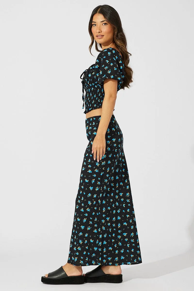 Blue Floral Slip Skirt Maxi Celebrity Style Minimal Vibes