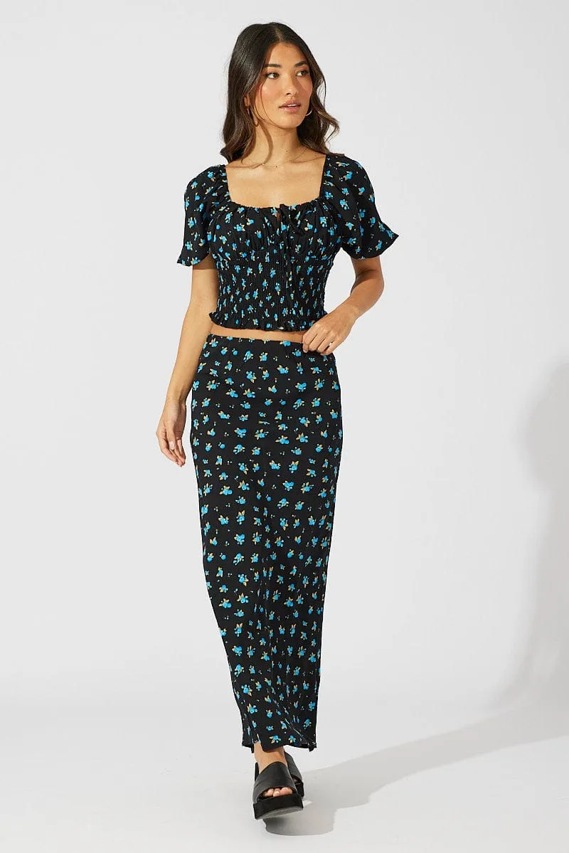 Blue Floral Slip Skirt Maxi Fresh Detail