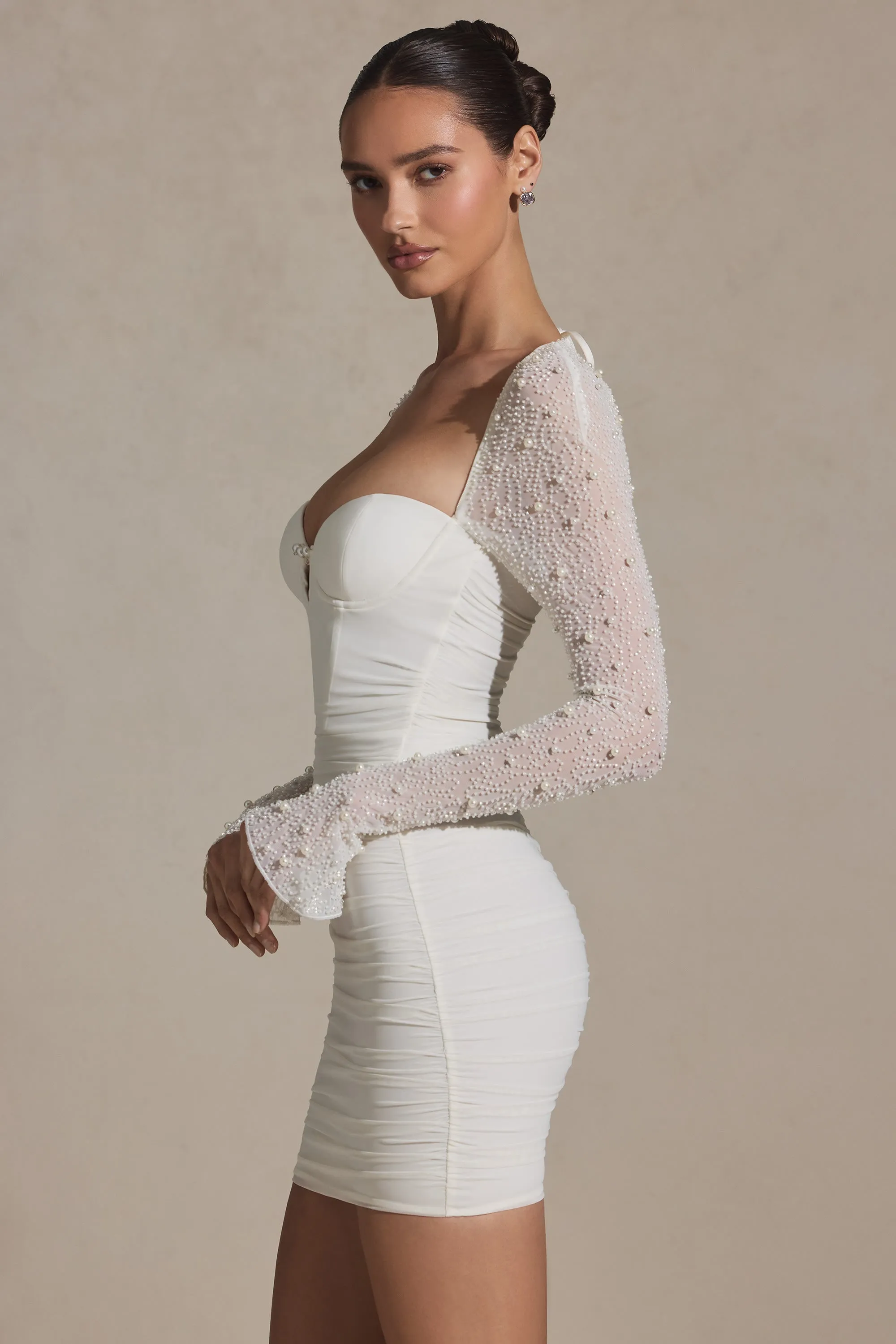 Club Pop Floral Pattern Embellished Long-Sleeve Mini Dress in White