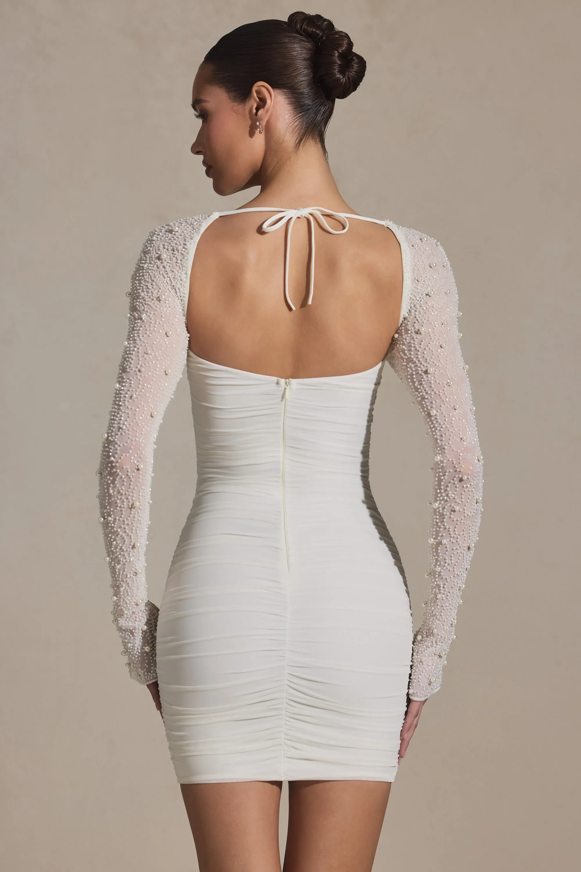 Embellished Long-Sleeve Mini Dress in White Tall Cut Casual chic style