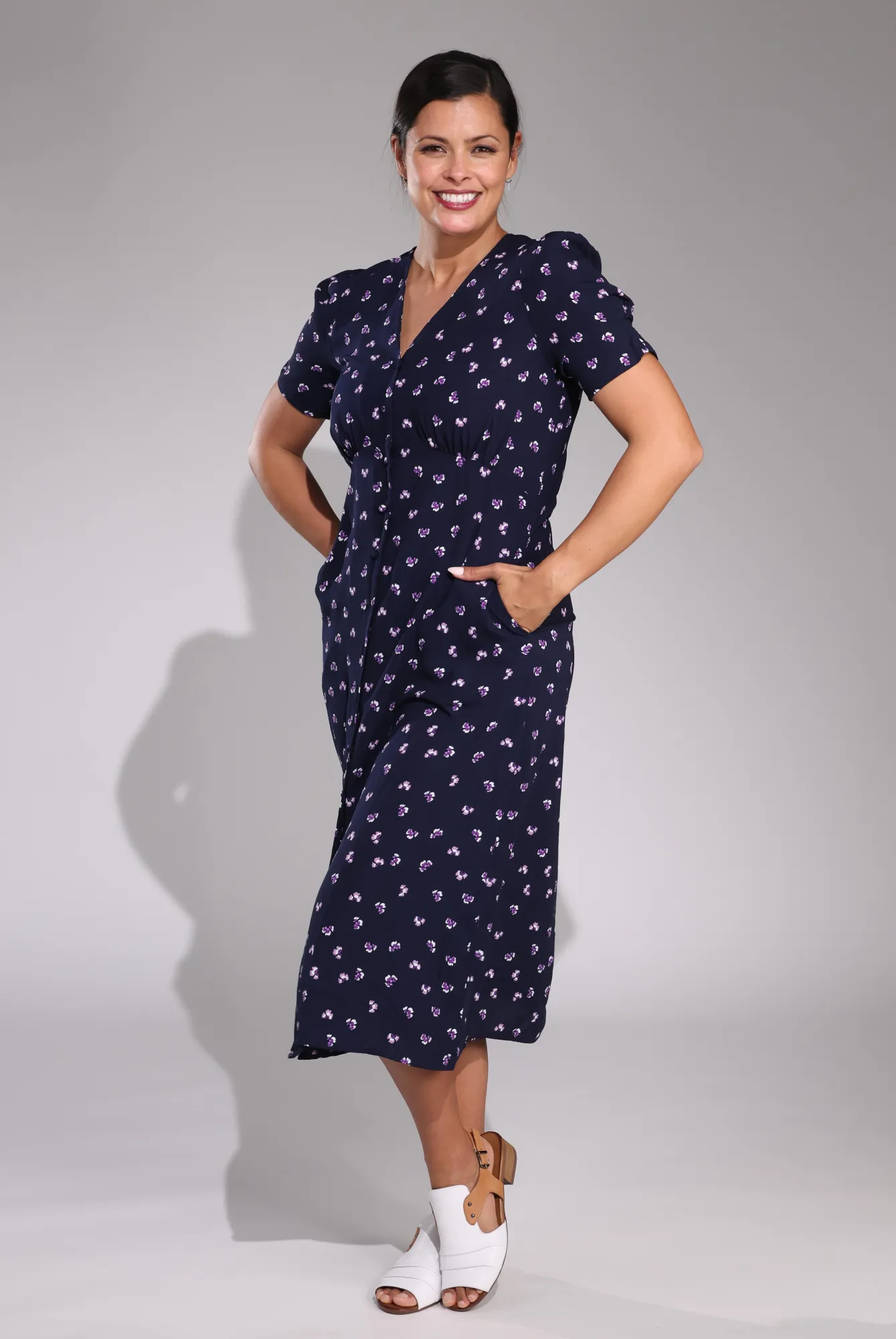V Neck Midi Dress | Navy Petal | 4571C1 FadeResistantColors