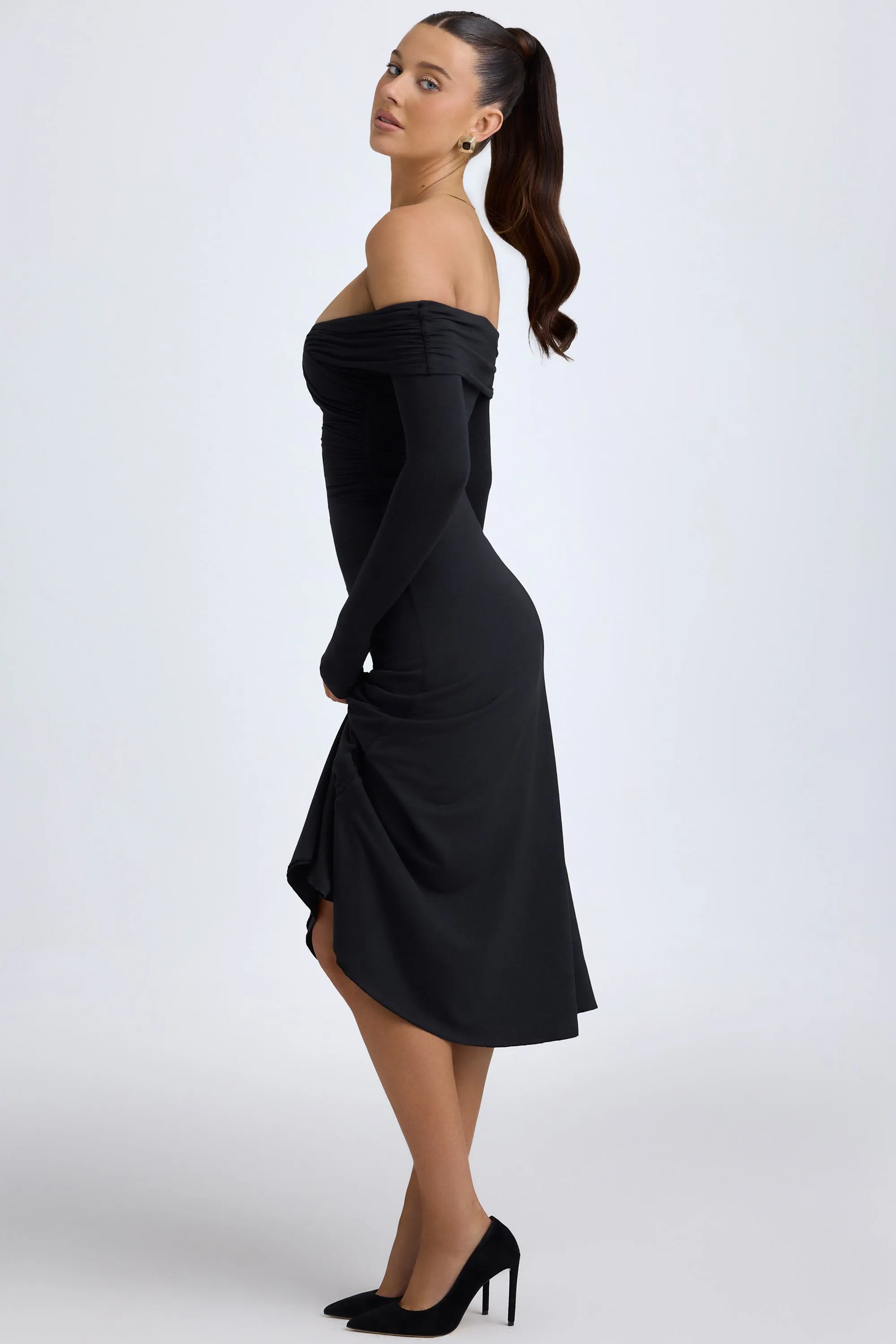 Modal Off-Shoulder Ruched Midaxi Dress in Black Raw Linen Denim Cool