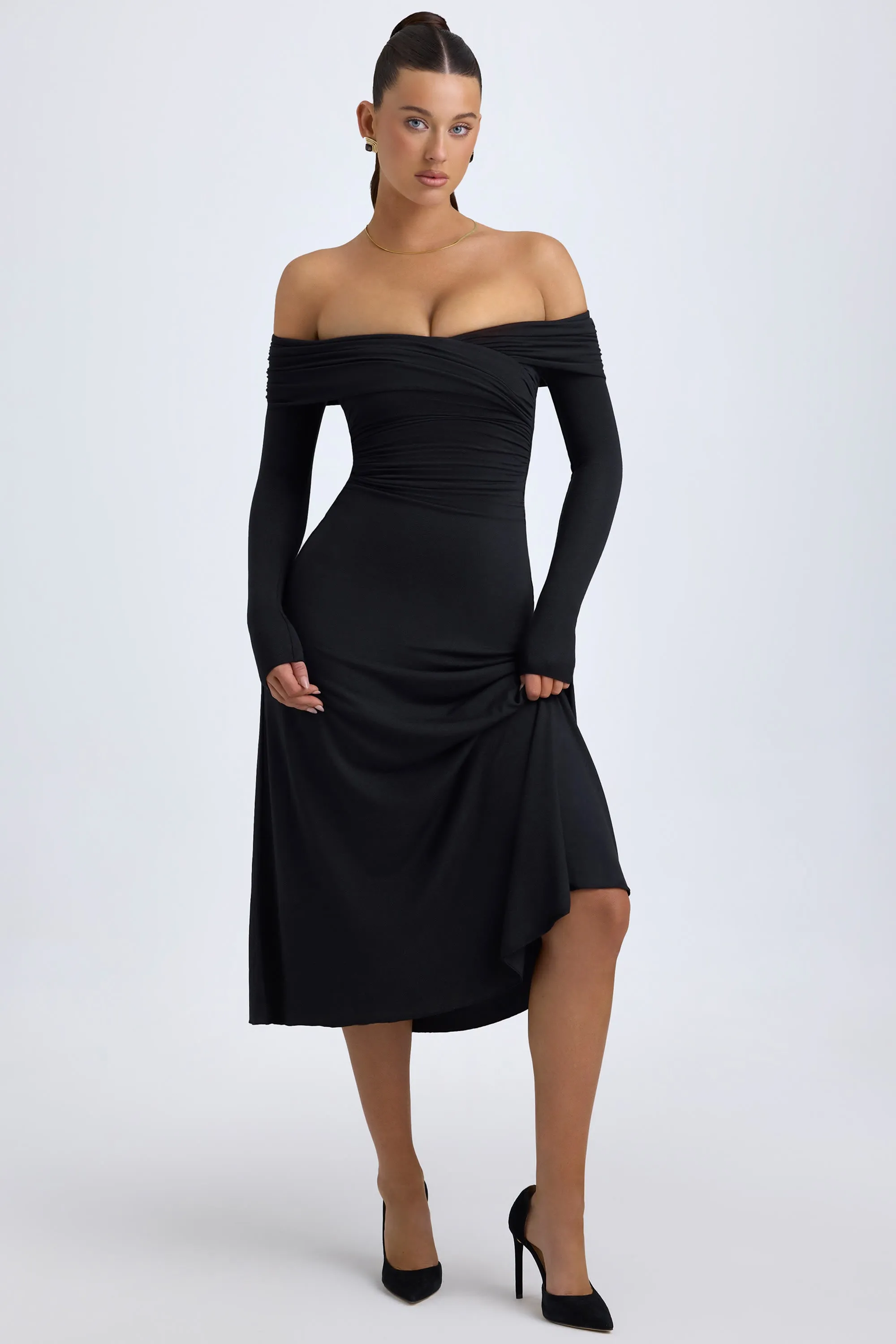 Hero Glow Street Look Modal Off-Shoulder Ruched Midaxi Dress in Black