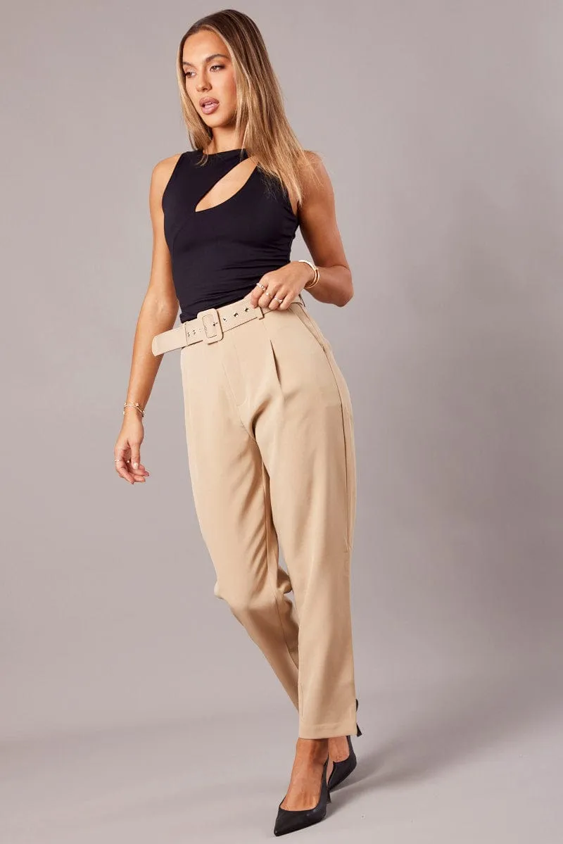 Beige Tapered Pants High Rise Belted Weekend Style