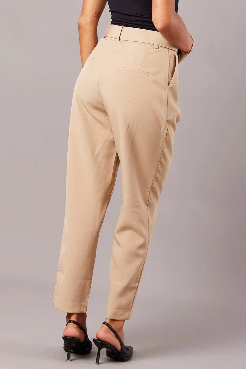 Beige Tapered Pants High Rise Belted Modern Cut