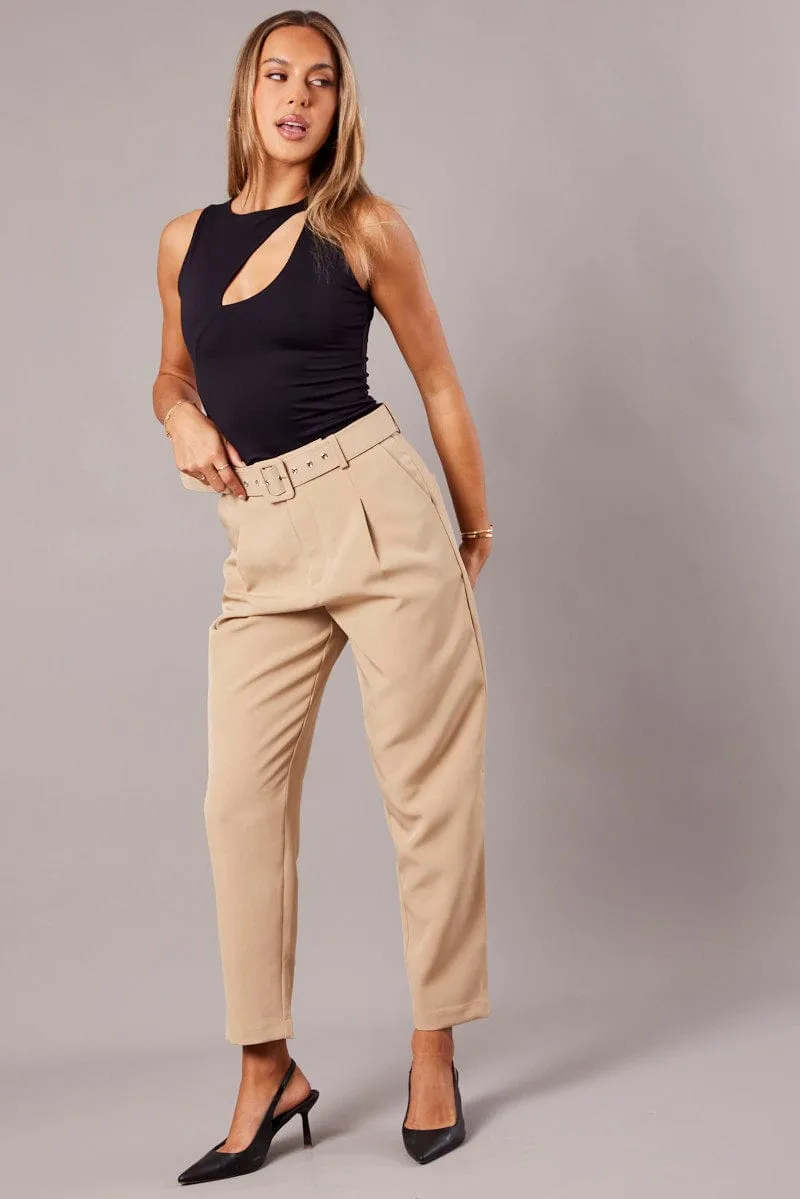 Move Easy Beige Tapered Pants High Rise Belted