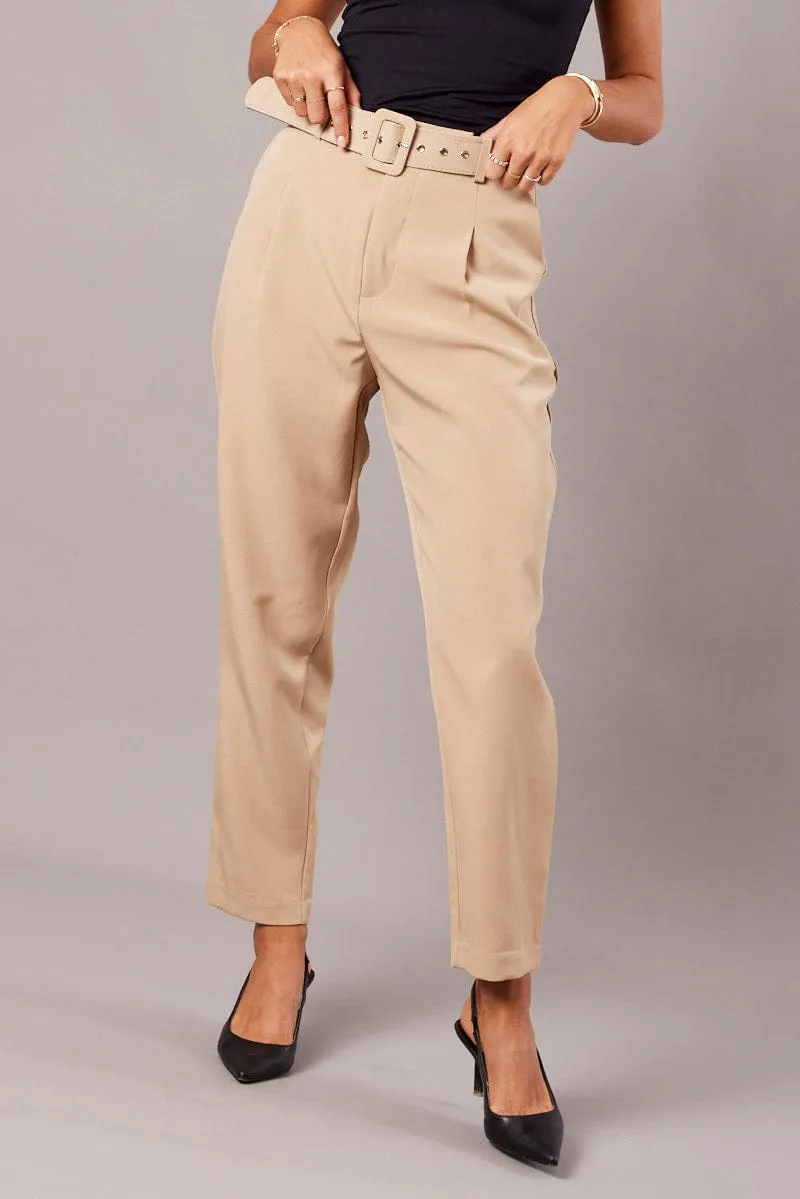 Beige Tapered Pants High Rise Belted slim fit FlexFoamPadding