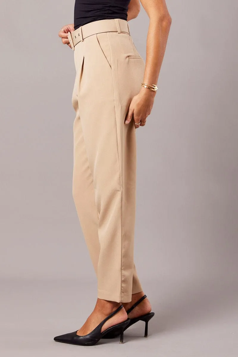 Non Restrictive Beige Tapered Pants High Rise Belted