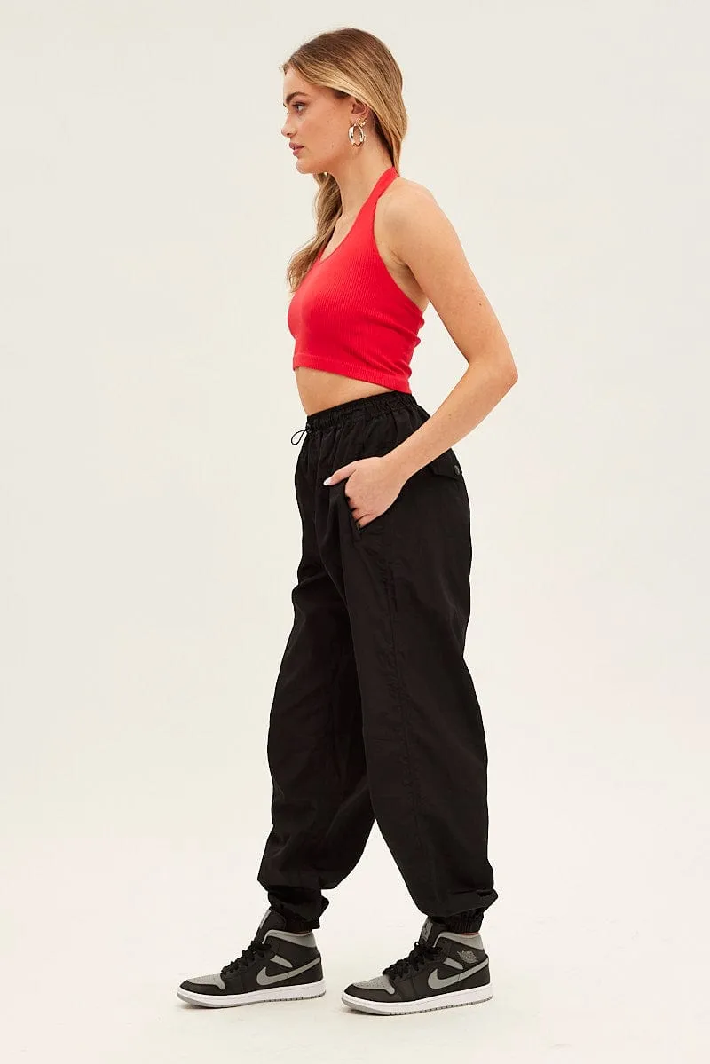 Modern Design Black Parachute Cargo Pants Mid Rise