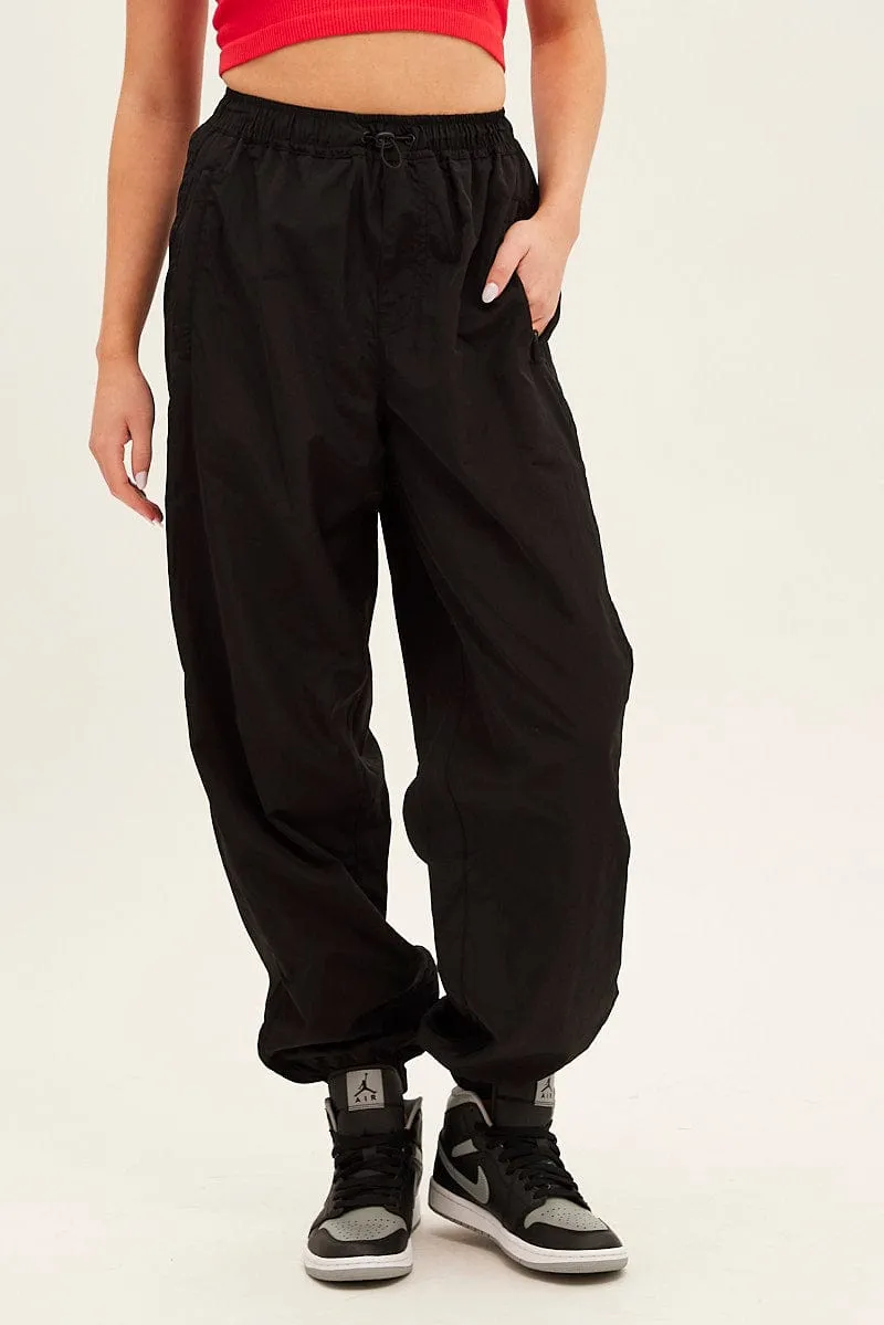 Black Parachute Cargo Pants Mid Rise Casual Comfort Fit Layering Comfort