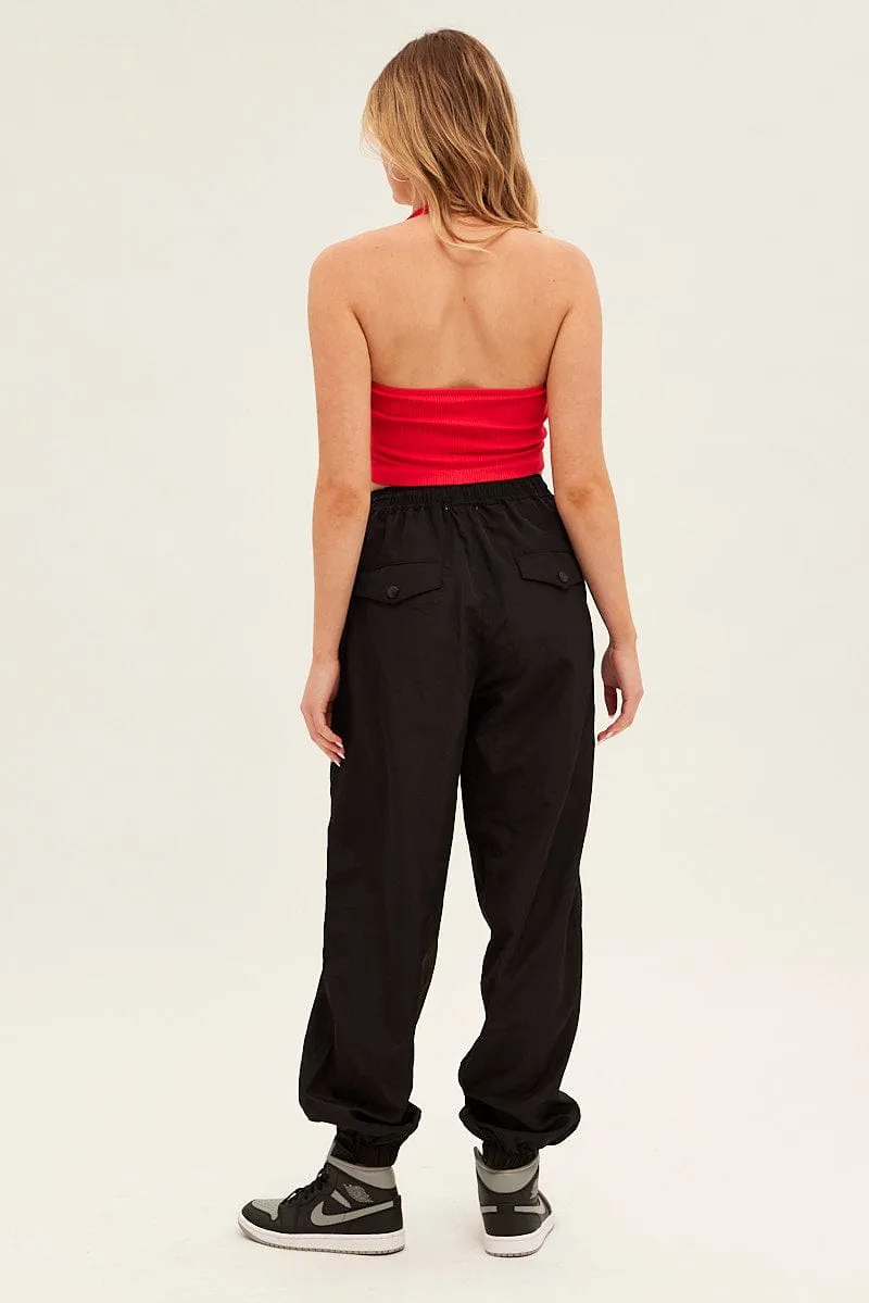 Black Parachute Cargo Pants Mid Rise Sporty Design Minimalist Design