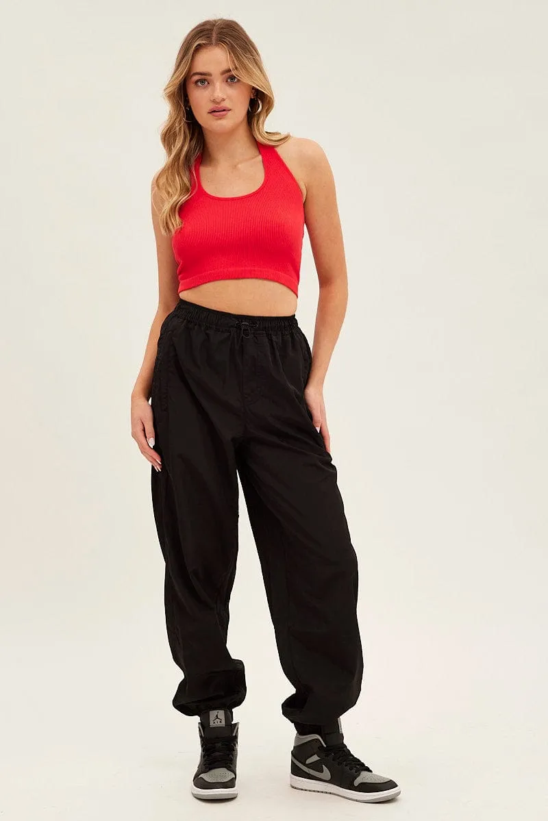 Versatile Wear Soft Lining Black Parachute Cargo Pants Mid Rise