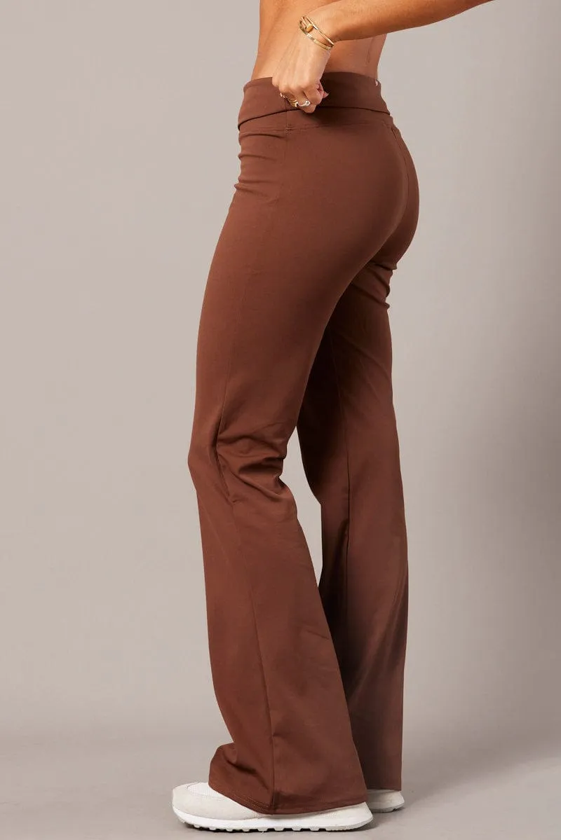 Brown Flared Pants Fold Up Waist Mid Rise Urban Flex Sustainable Fabric
