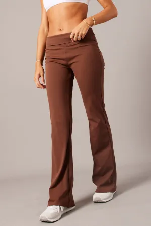 Brown Flared Pants Fold Up Waist Mid Rise Seamless Waistband Non Restrictive