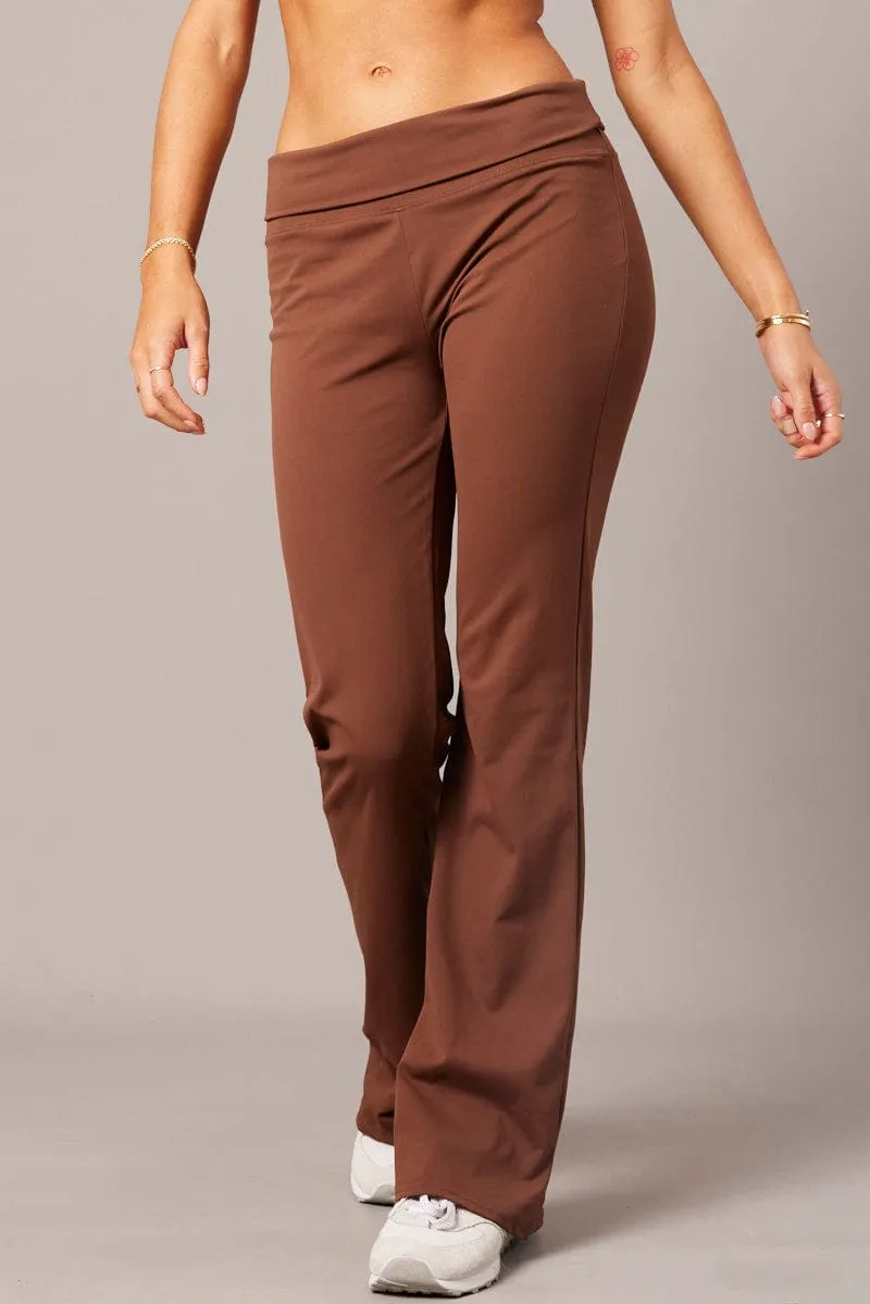 Brown Flared Pants Fold Up Waist Mid Rise Ultra Soft Weather Flex