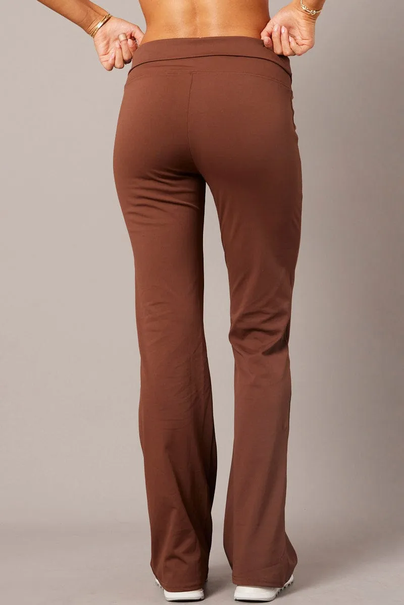 Brown Flared Pants Fold Up Waist Mid Rise Practical Fit