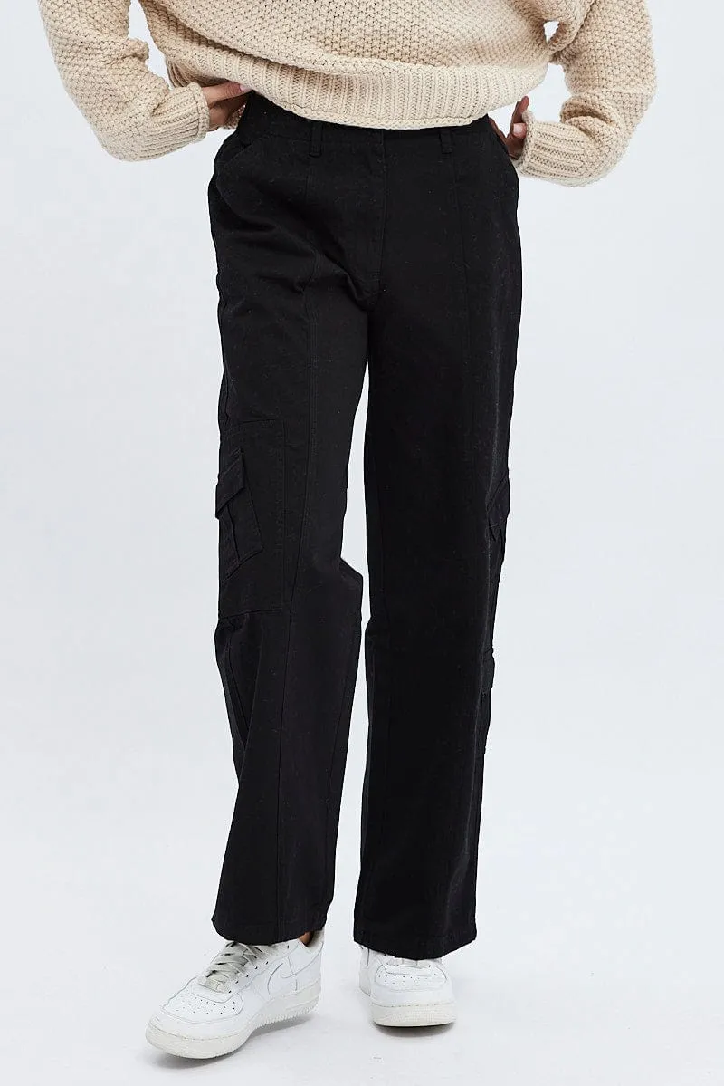 Versatile Style Black Cargo Pants Low Rise