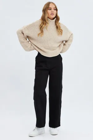 Flexible Gusset Design Sporty Cut Black Cargo Pants Low Rise