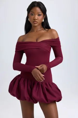 Modal Off-Shoulder Bubble Hem Mini Dress in Wine Red Bold statement dress Street Style