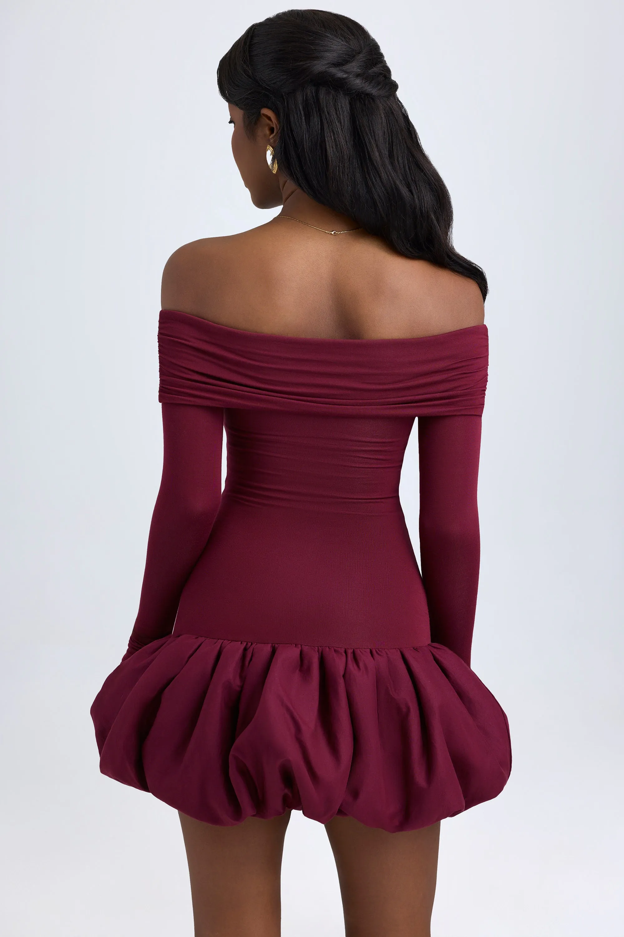 Modal Off-Shoulder Bubble Hem Mini Dress in Wine Red Floral Design Wear