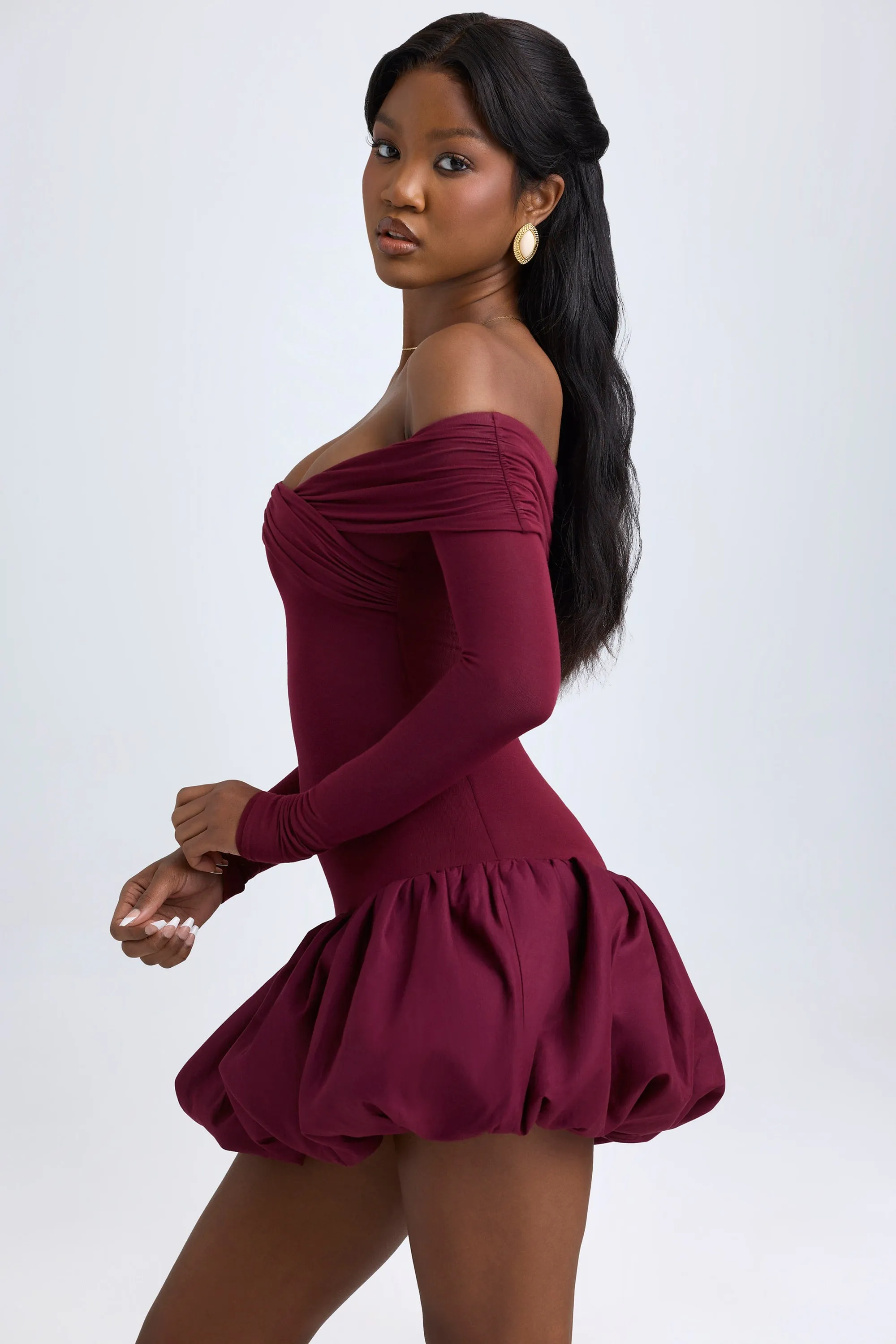 Modal Off-Shoulder Bubble Hem Mini Dress in Wine Red Skin Glow Relaxed Design