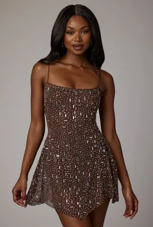 Trend Soft City Chic Sheer Embellished Scoop Neck Mini Dress in Deep Cocoa
