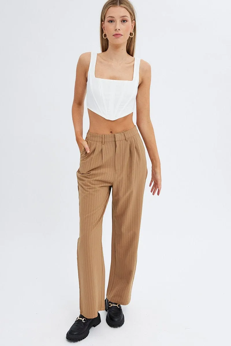 Blue Stripe Wide Leg Pants High Rise Pleated Soft Feel Easy Movement