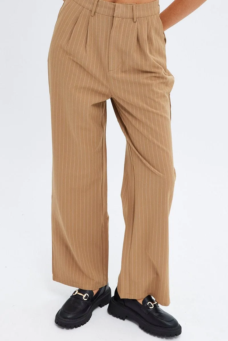 Blue Stripe Wide Leg Pants High Rise Pleated LightweightWeave Zip-off legs