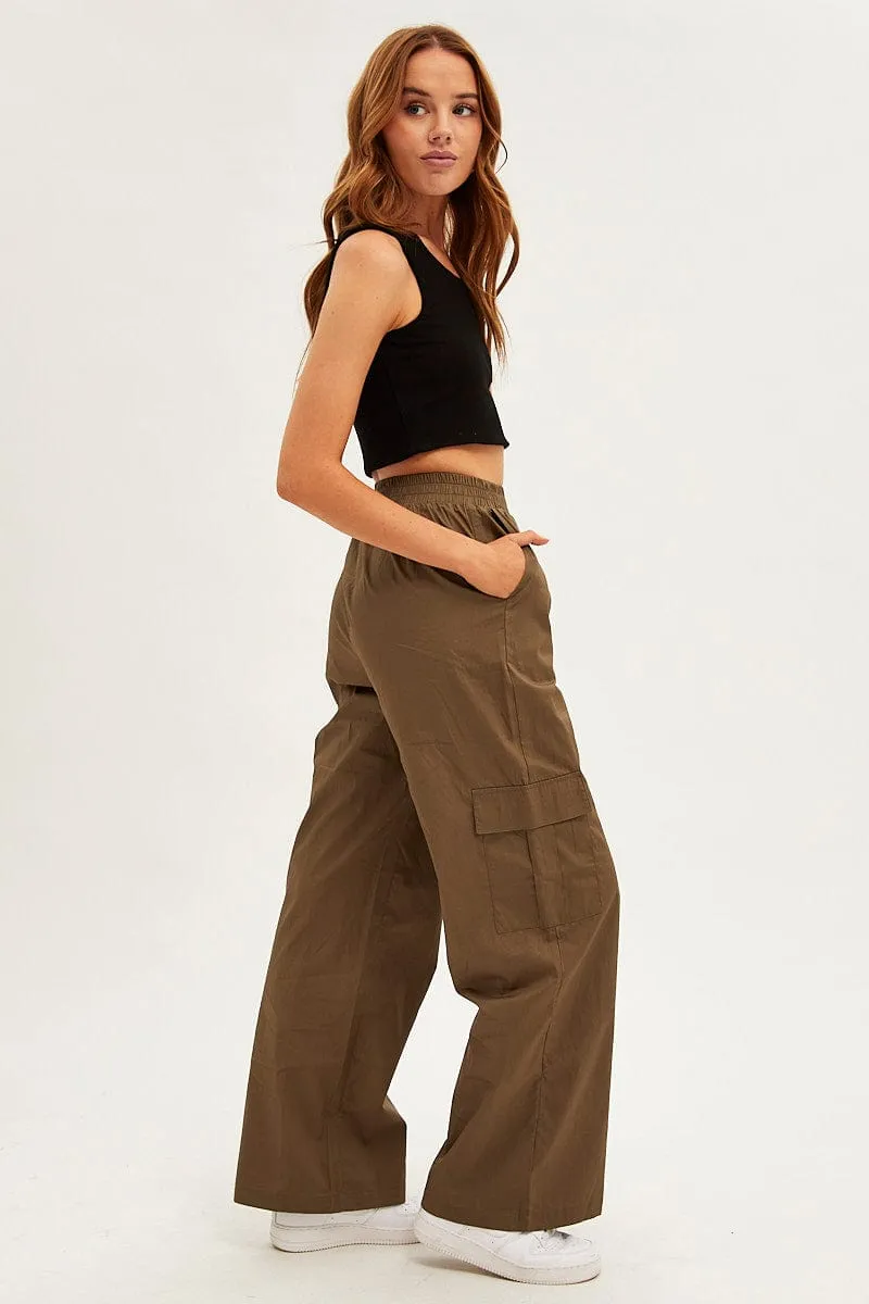 Organic Cotton Blend Zip-off legs Green Wide Leg Cargo Pants High Rise