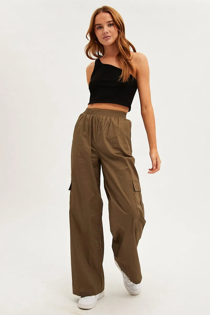 Green Wide Leg Cargo Pants High Rise Seamless Waistband Laser cut