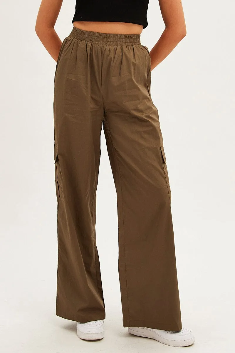 Non Slip Waist Grip Green Wide Leg Cargo Pants High Rise