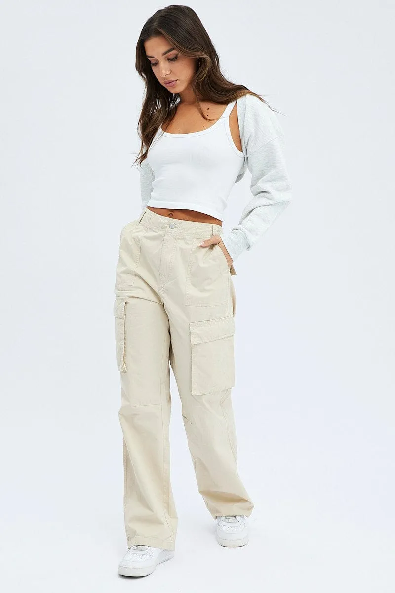 Beige Cargo Pants Low Rise Ventilated Panels Trendy Design